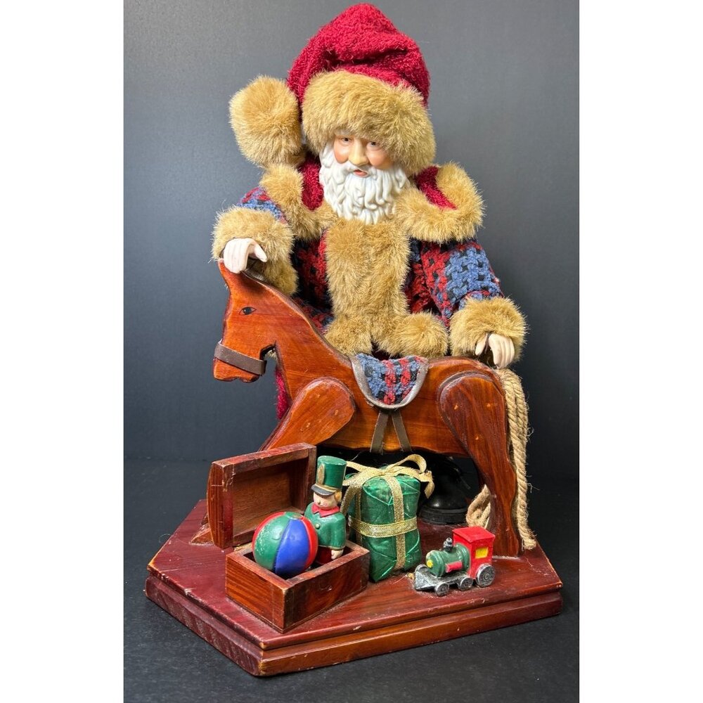 Vintage Christmas Santa Wooden Rocking Horse Toys and Box Figurine 14'' Tall